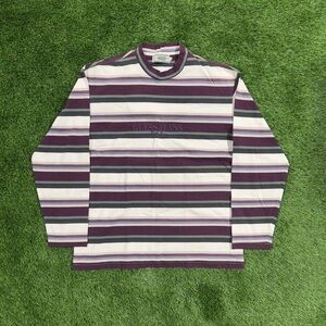 VINTAGE 90s Guess Jeans USA Shirt Adult M Purple Striped Long Sleeve Spell Out